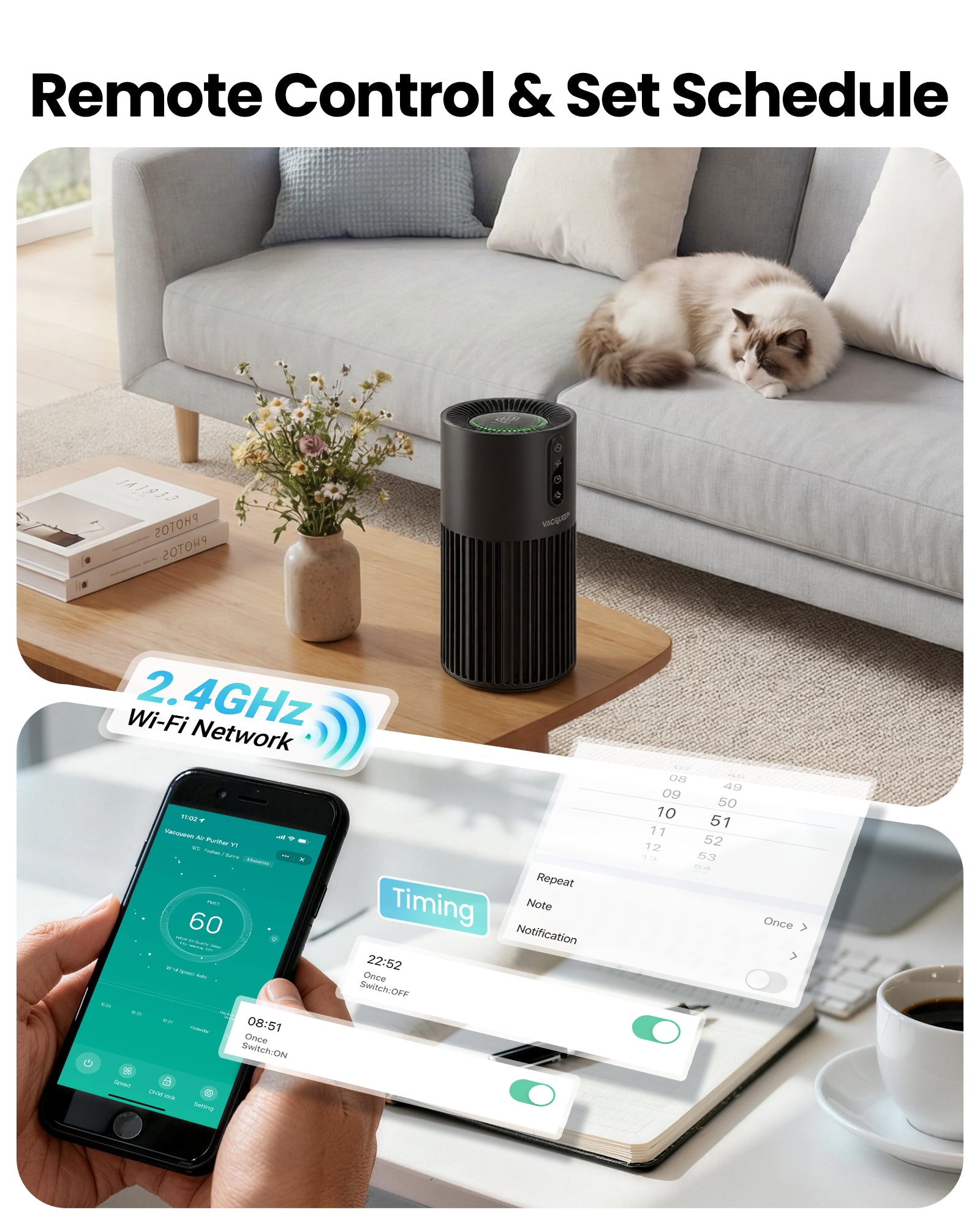 Vacqueen Smart Air Purifier for Pets & Bedrooms, 1800 ft², WiFi & Alexa, Air Quality Monitor