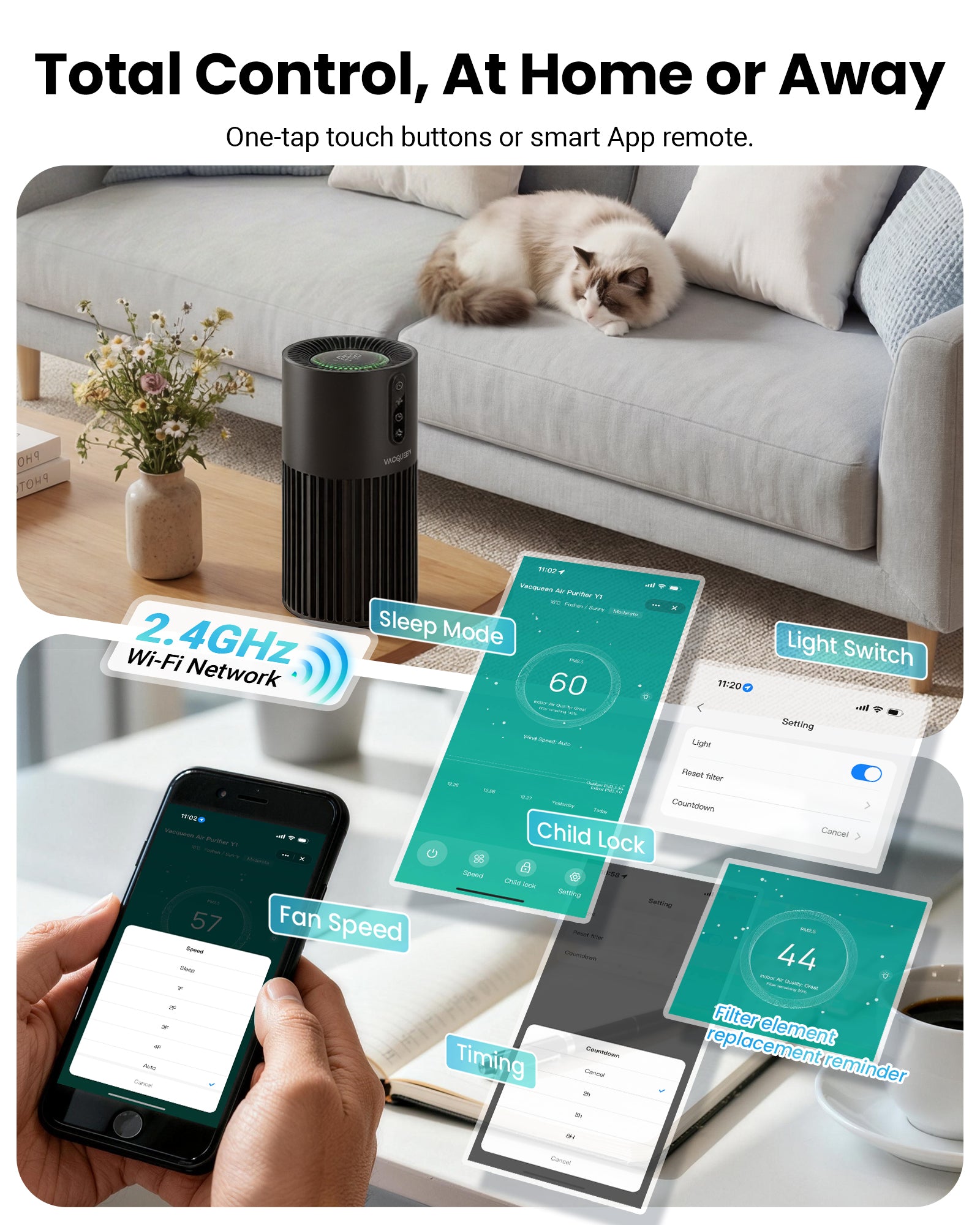 Vacqueen Smart Air Purifier for Home Allergies Pet Hair in Bedroom